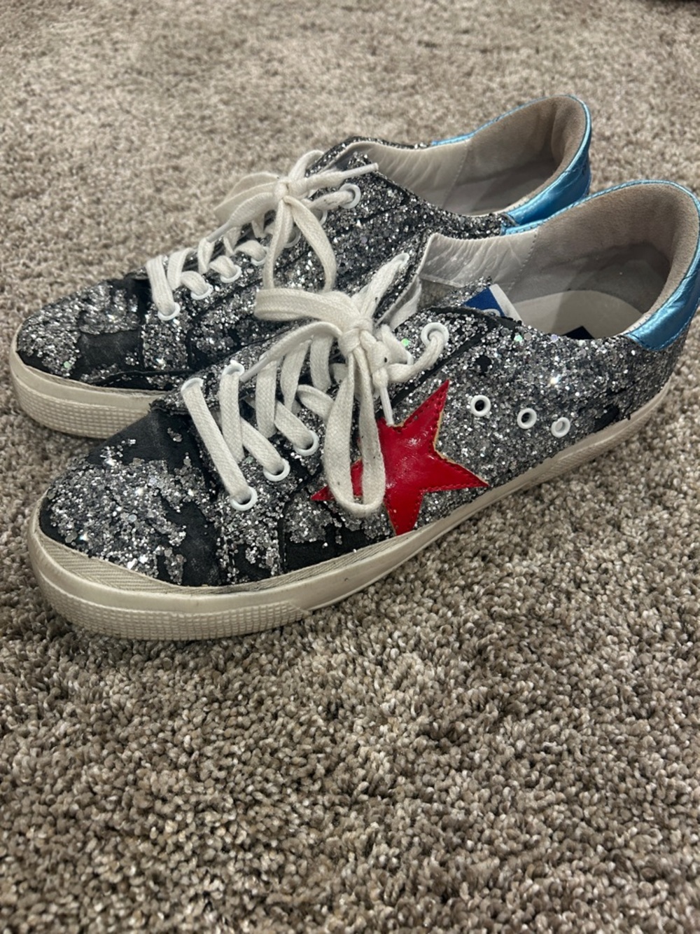 Golden Goose Glitter Sneakers with Red Star and Blue Heel Size 40